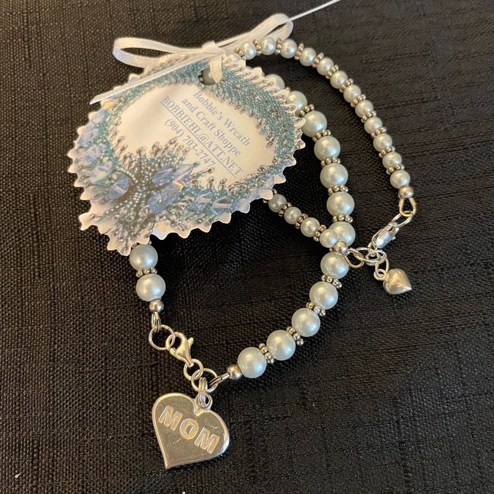 Handcrafted “Mommy and Me” Swarovski White Pearls and Sterling Silver Bracelets
